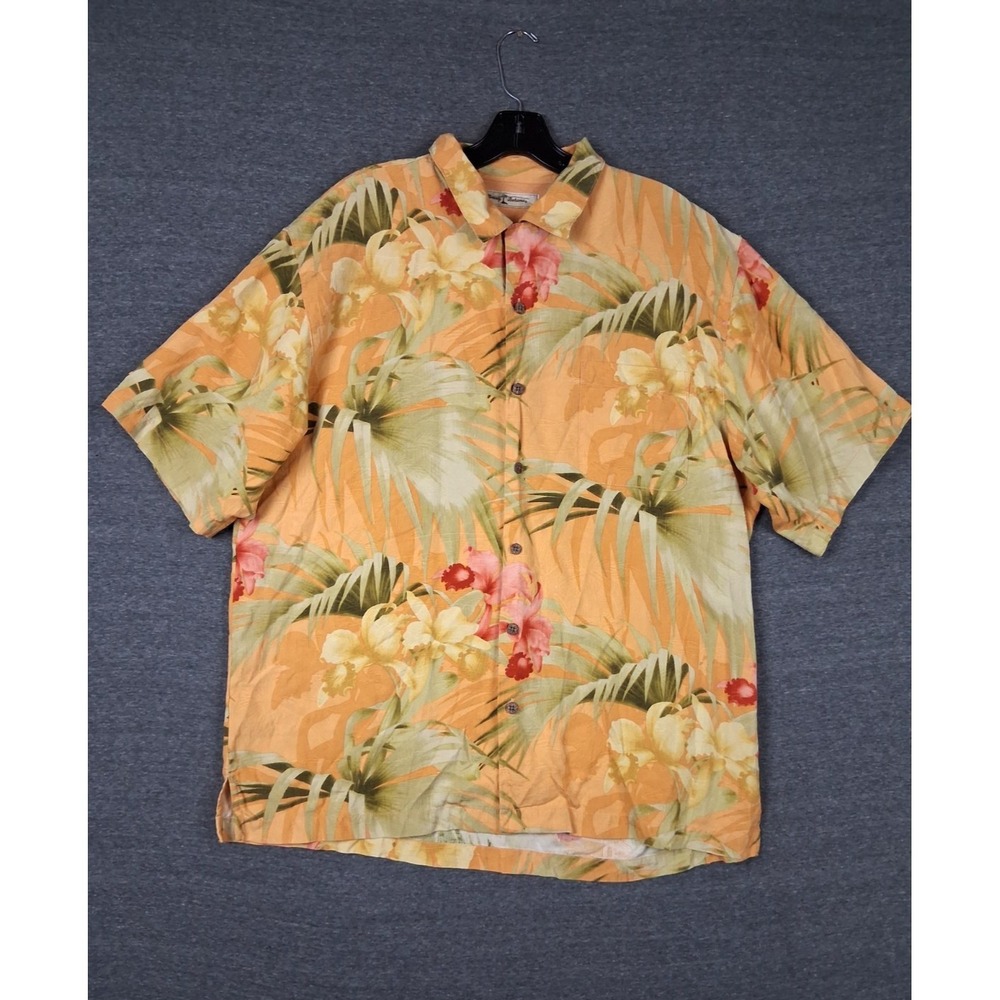 Tommy Bahama Mens Shirt L Orange Yellow Tropical Floral 100% Silk Camp Resort